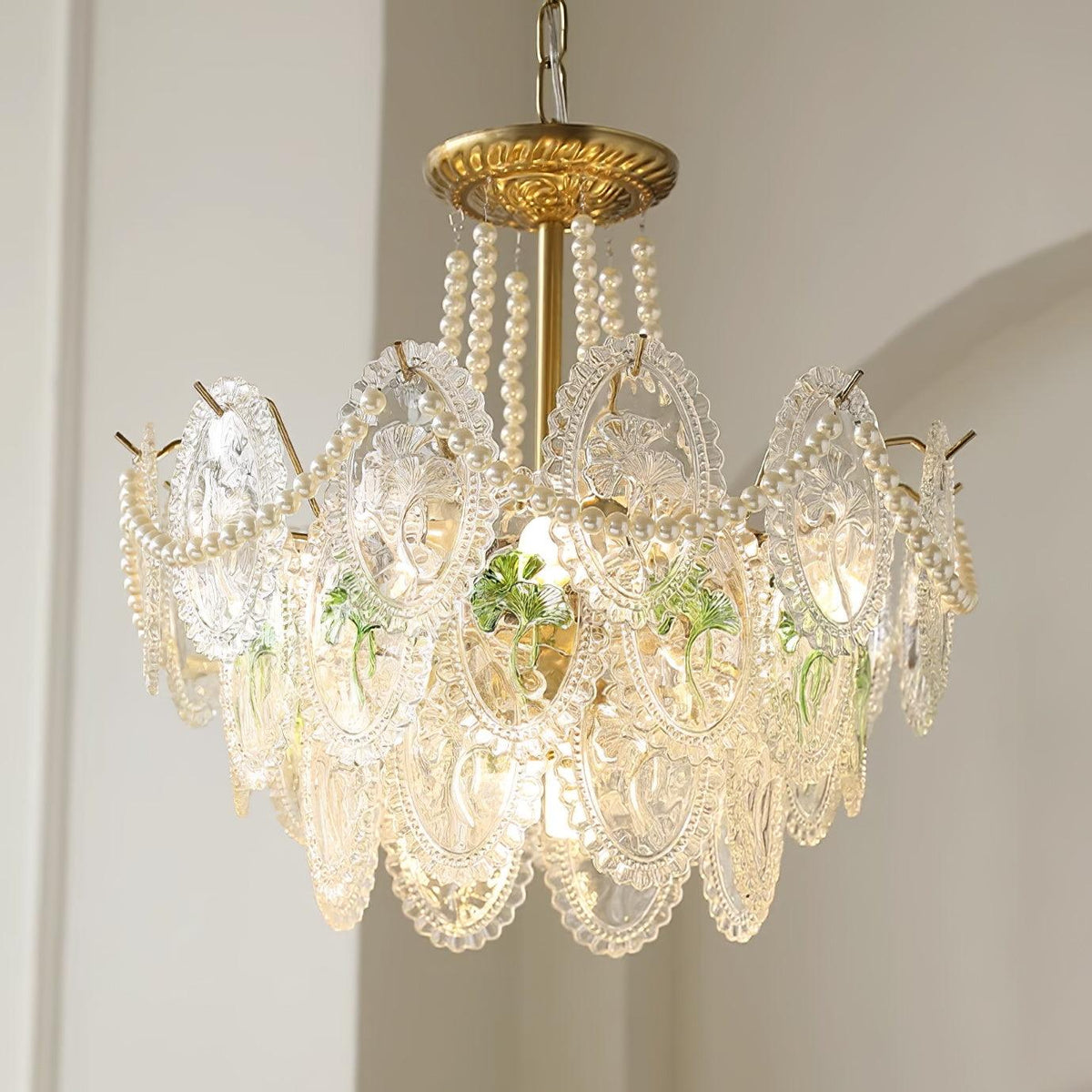 Lustre Perles en verre Métal doré Design à plusieurs niveaux Douille E14 Suspension Salon Salle à manger | Sansoti