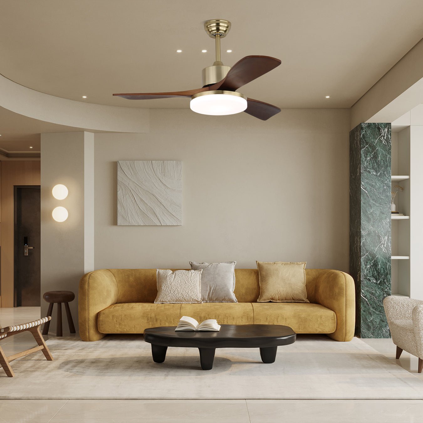 Ceiling Fan Selora with Lighting – Brass & Wood – Modern Design with Remote Control – 6 Speeds – LED 48W Dimmable – Ø106cm or Ø132cm – Luxury Ceiling Lamp & Cooling System – Includes Remote Control | Sansoti