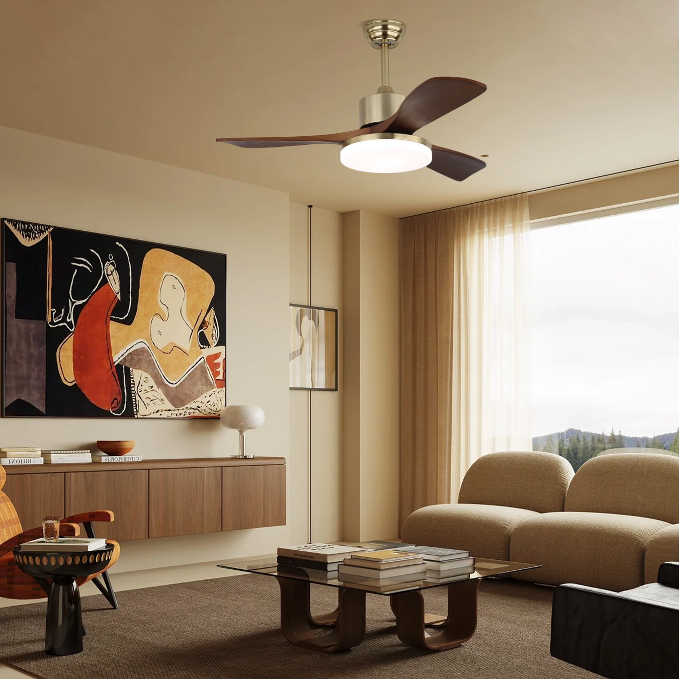 Ceiling Fan Selora with Lighting – Brass & Wood – Modern Design with Remote Control – 6 Speeds – LED 48W Dimmable – Ø106cm or Ø132cm – Luxury Ceiling Lamp & Cooling System – Includes Remote Control | Sansoti