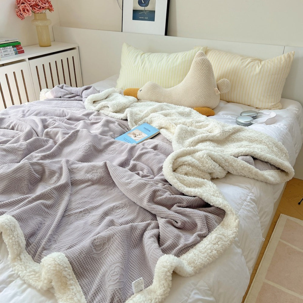 Double-Layer Sherpa Throw Blanket with Embossed Floral Pattern Warm Blanket for Living Room and Bedroom Soft Fleece Throw | Sansoti