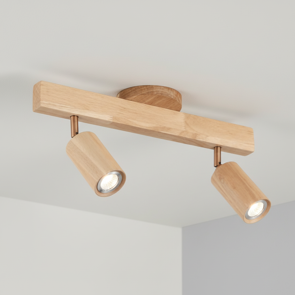 Verstellbarer Deckenstrahler in Holzoptik aus Metall GU10 mit 1 2 3 4 Strahlern, Warm- oder Kaltweiß, moderne Beleuchtung für Wohnzimmer und Küche | Sansoti