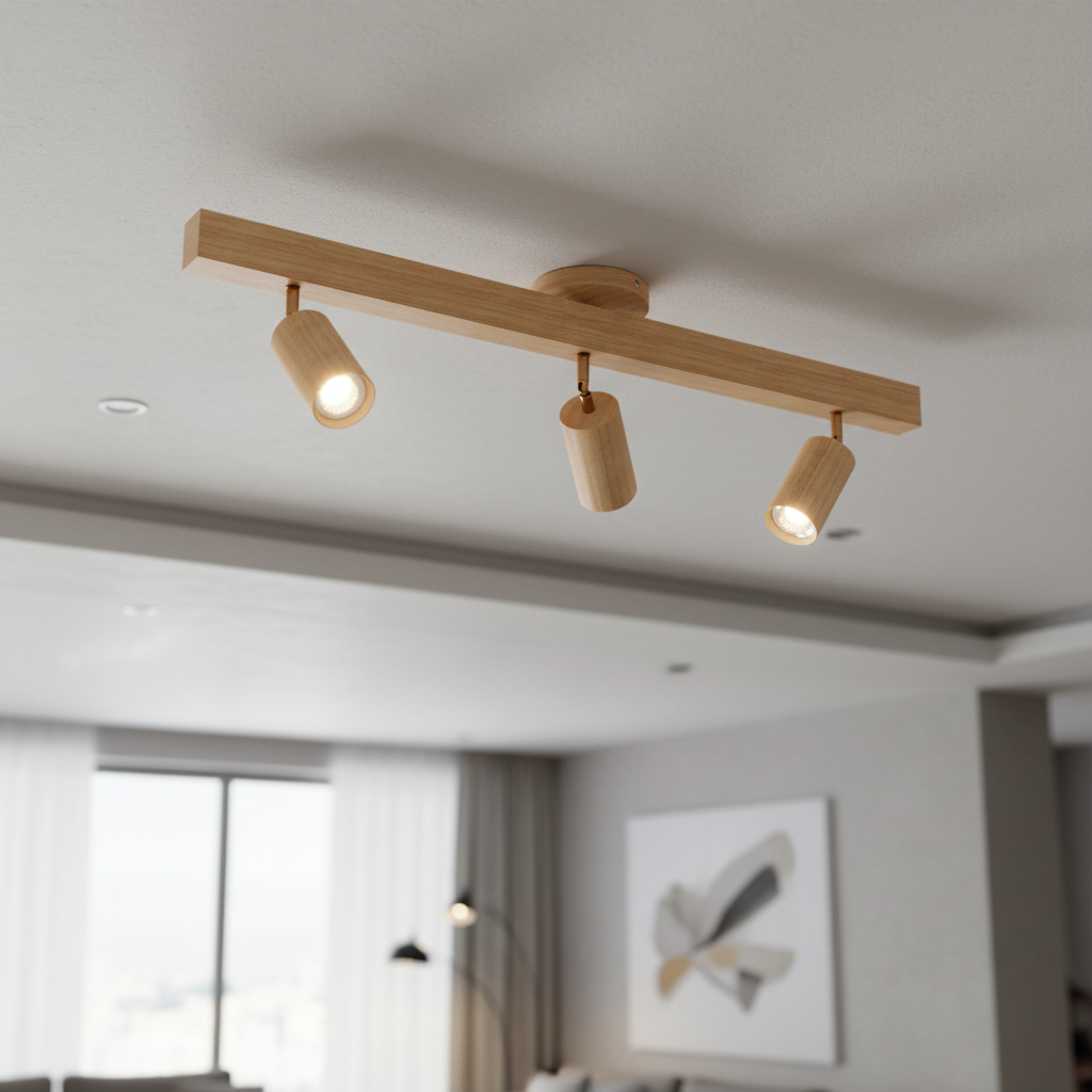 Verstellbarer Deckenstrahler in Holzoptik aus Metall GU10 mit 1 2 3 4 Strahlern, Warm- oder Kaltweiß, moderne Beleuchtung für Wohnzimmer und Küche | Sansoti