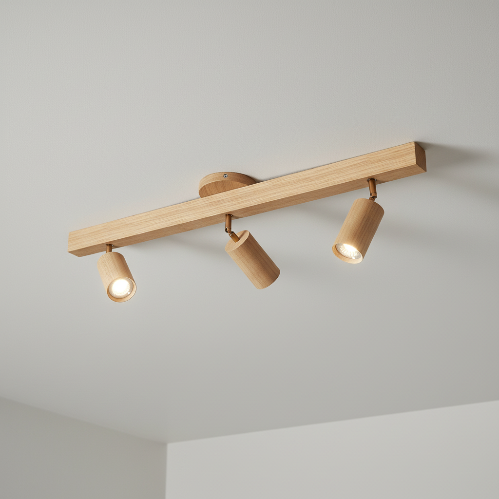 Verstellbarer Deckenstrahler in Holzoptik aus Metall GU10 mit 1 2 3 4 Strahlern, Warm- oder Kaltweiß, moderne Beleuchtung für Wohnzimmer und Küche | Sansoti