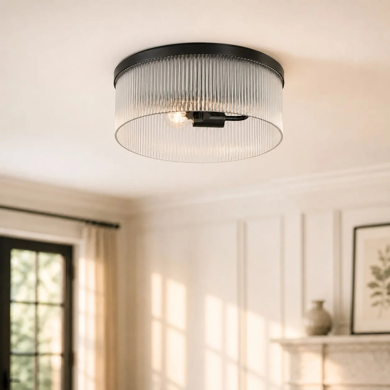 Ronde Plafondlamp met Geribbeld Glas en Landelijke Afwerking – Warm Sfeerlicht voor Lage Plafonds | Sansoti
