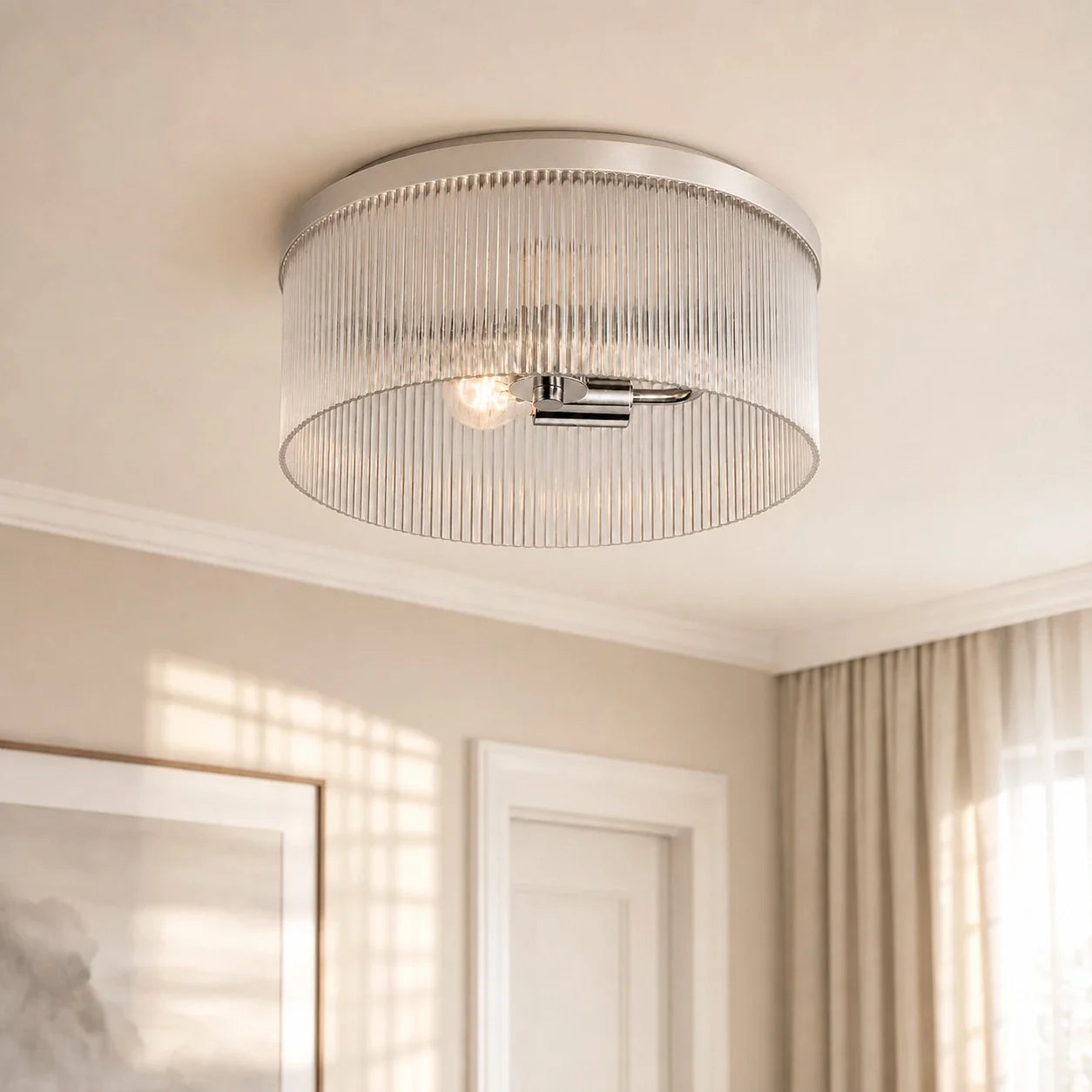 Ronde Plafondlamp met Geribbeld Glas en Landelijke Afwerking – Warm Sfeerlicht voor Lage Plafonds | Sansoti