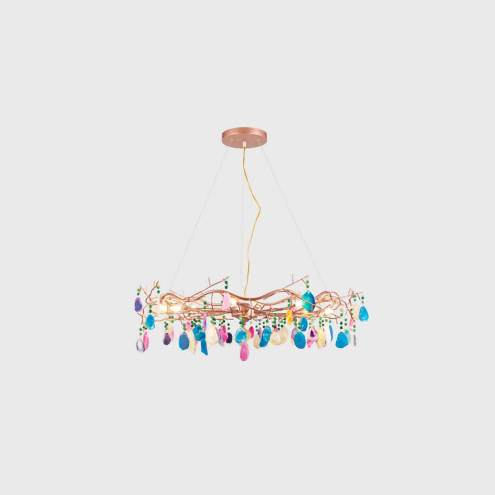 Agaatlamp Kroonluchter met Natuursteen en Roségouden Frame – Klassieke Villa Verlichting | Sansoti