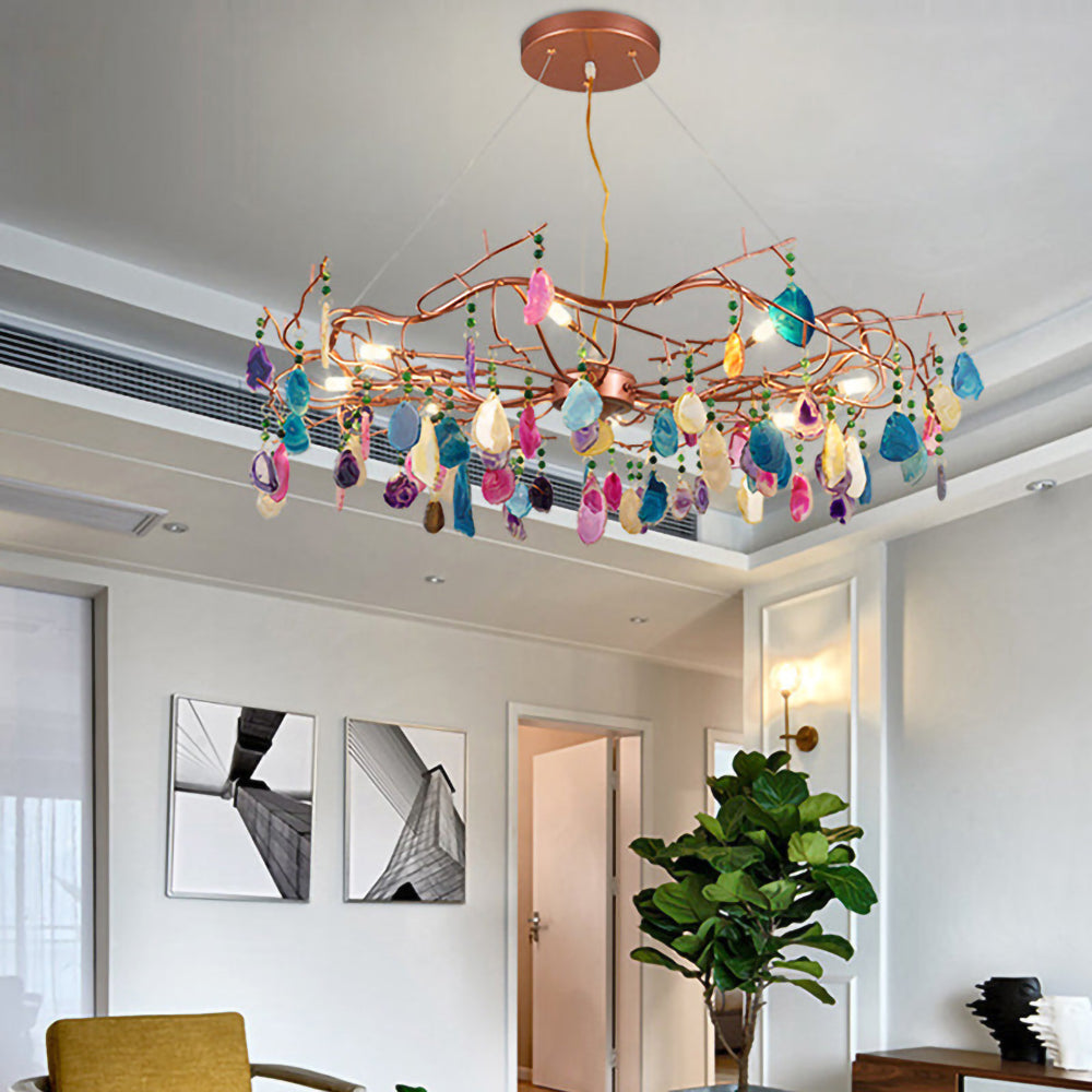 Agaatlamp Kroonluchter met Natuursteen en Roségouden Frame – Klassieke Villa Verlichting | Sansoti