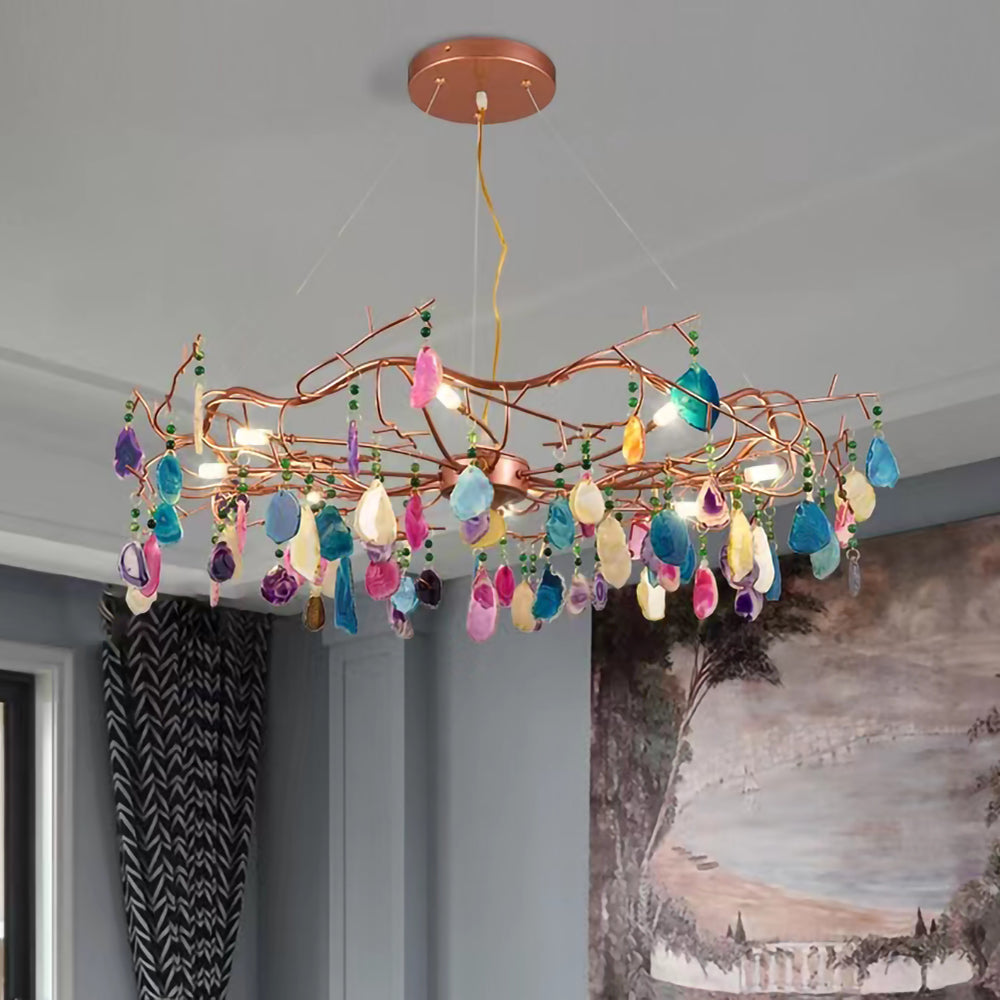 Agaatlamp Kroonluchter met Natuursteen en Roségouden Frame – Klassieke Villa Verlichting | Sansoti
