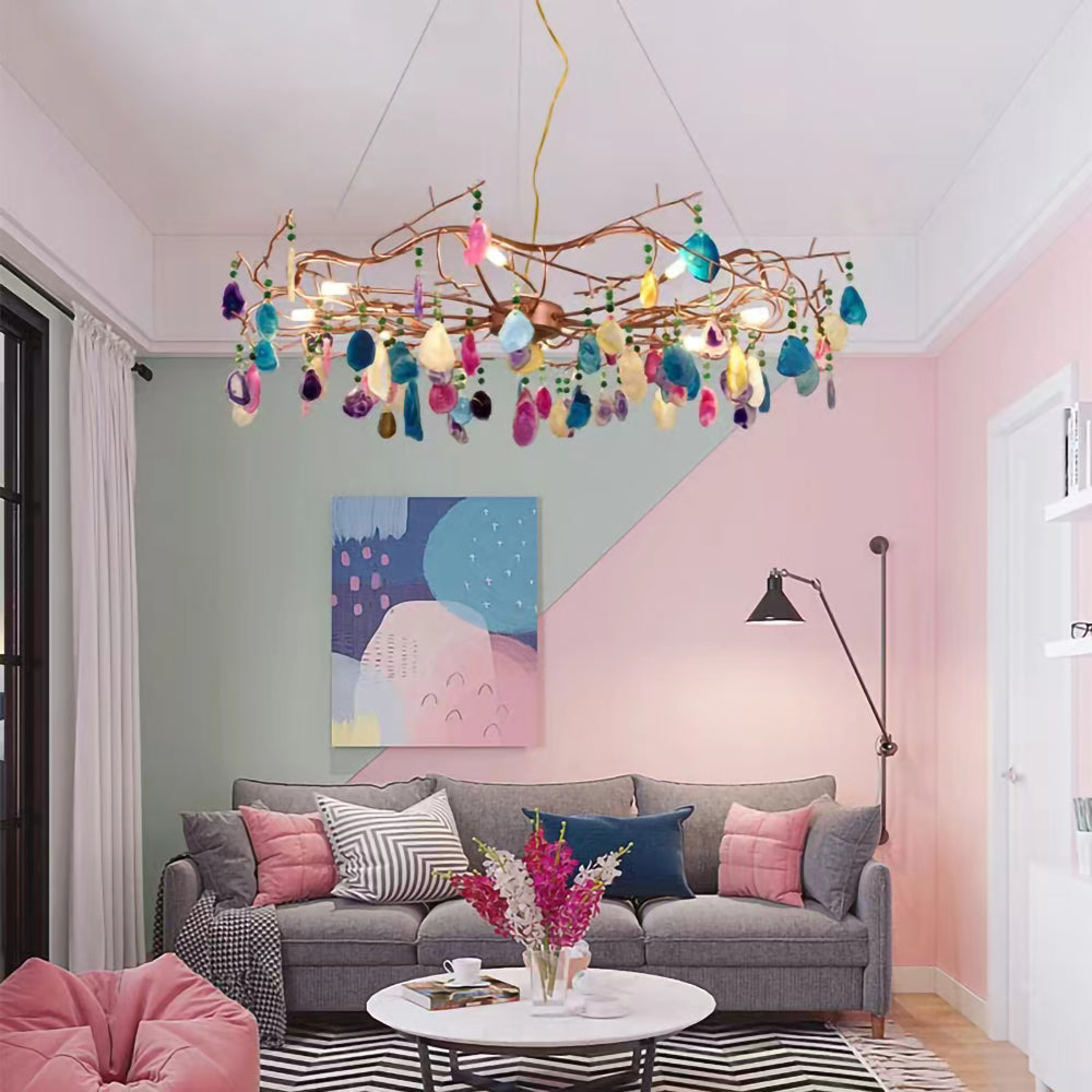 Agaatlamp Kroonluchter met Natuursteen en Roségouden Frame – Klassieke Villa Verlichting | Sansoti