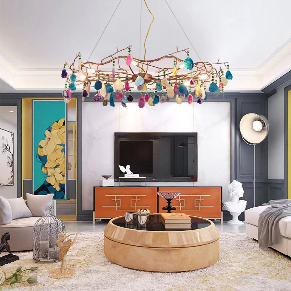 Agaatlamp Kroonluchter met Natuursteen en Roségouden Frame – Klassieke Villa Verlichting | Sansoti