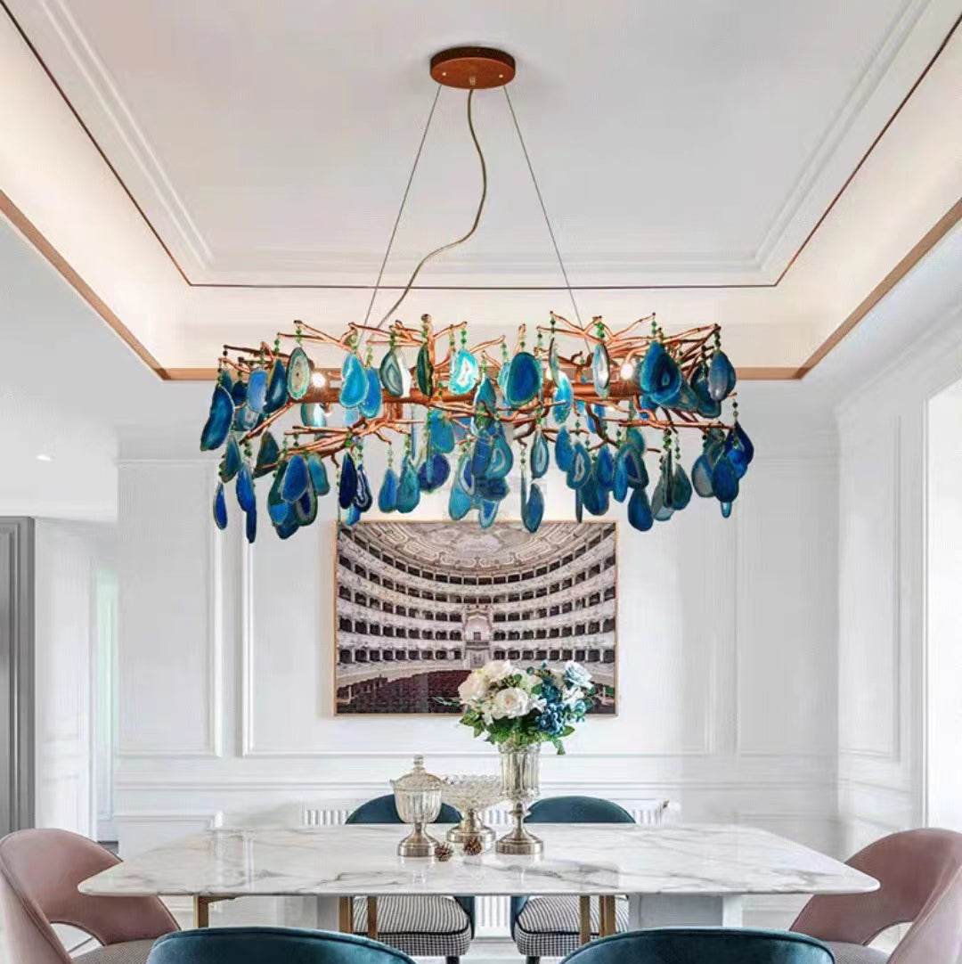 Agaatlamp Kroonluchter met Natuursteen en Roségouden Frame – Klassieke Villa Verlichting | Sansoti