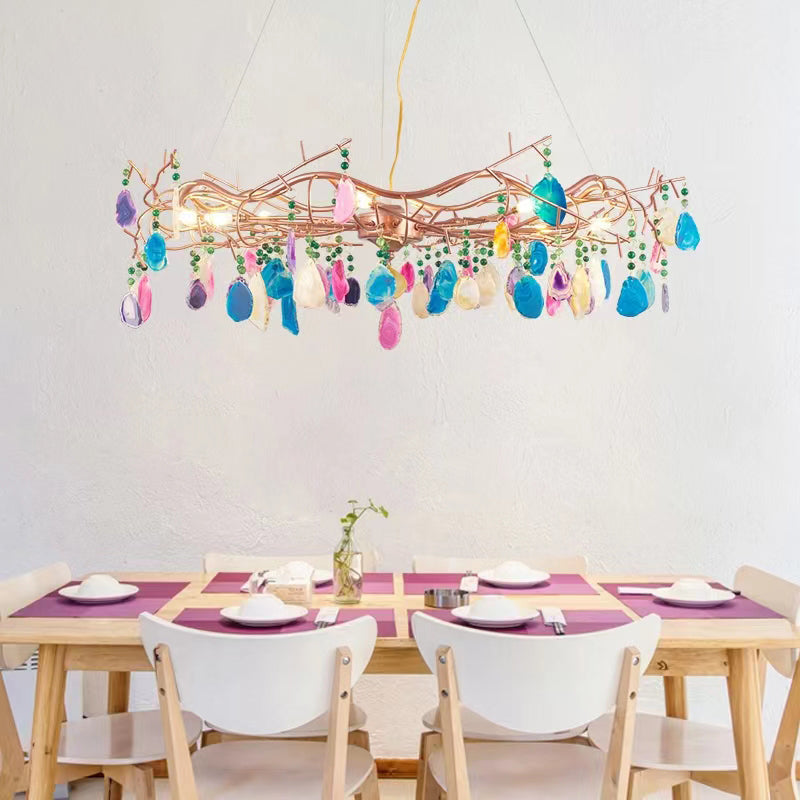 Agaatlamp Kroonluchter met Natuursteen en Roségouden Frame – Klassieke Villa Verlichting | Sansoti