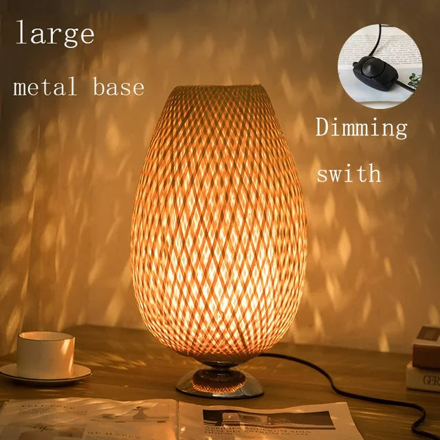 Rustieke Bamboe Tafellamp met Handgemaakte Houten Voet – Vintage Sfeerverlichting voor Woonkamer, Slaapkamer en Bureau | Sansoti