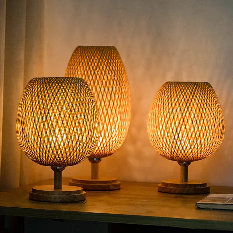 Bamboe Tafellamp Vintage Scandinavisch Design Warm Licht Slaapkamer Woonkamer Bureaulamp Oosterse Stijl | Sansoti