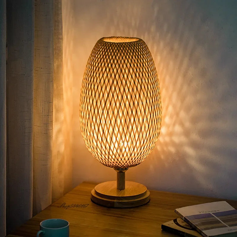 Bamboe Tafellamp Vintage Scandinavisch Design Warm Licht Slaapkamer Woonkamer Bureaulamp Oosterse Stijl | Sansoti