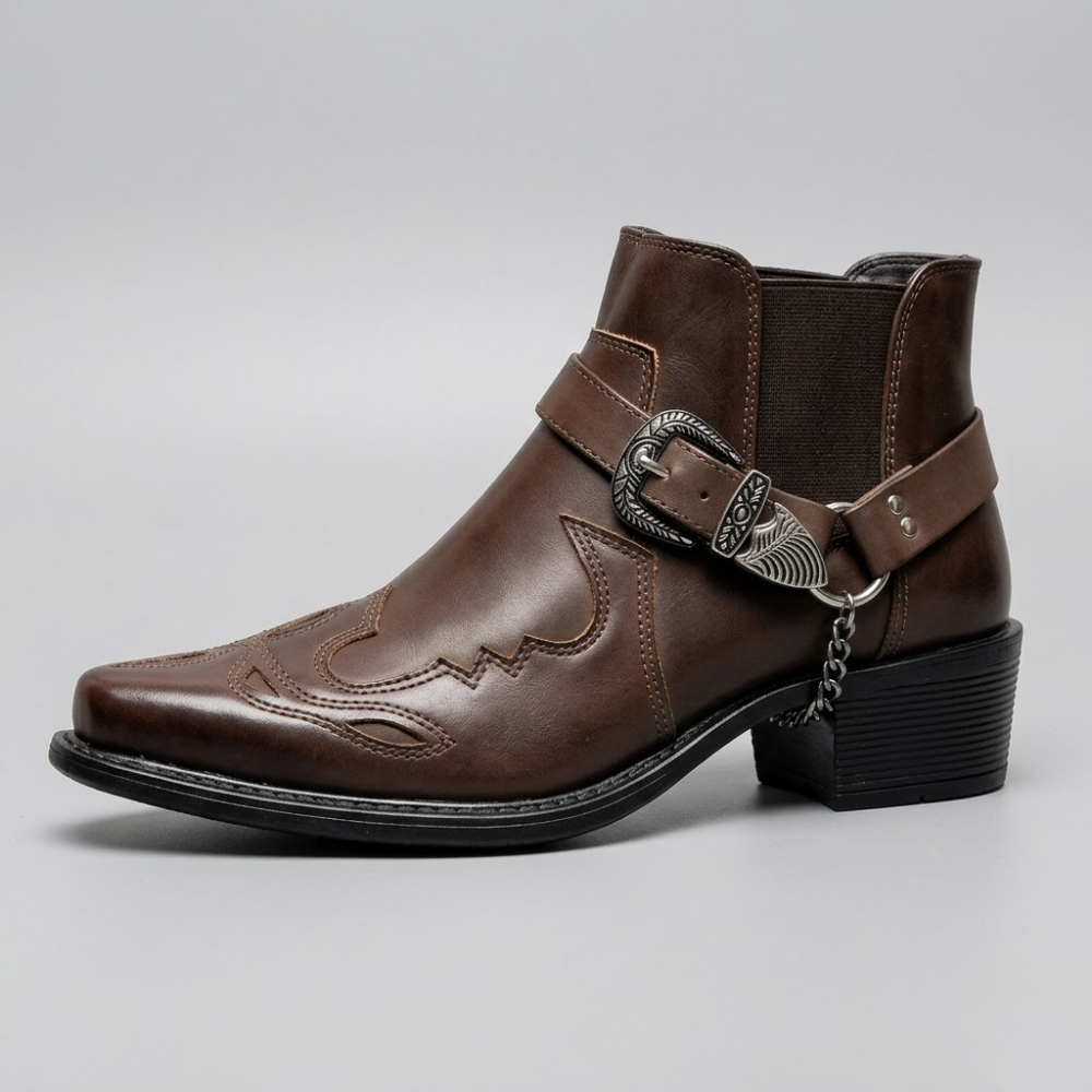 Heren Cowboylaarzen Leer Spitse Neus Gesp Western Stijl Vintage Hoog Outdoor Wandelen Rijden Bruin Zwart | Sansoti