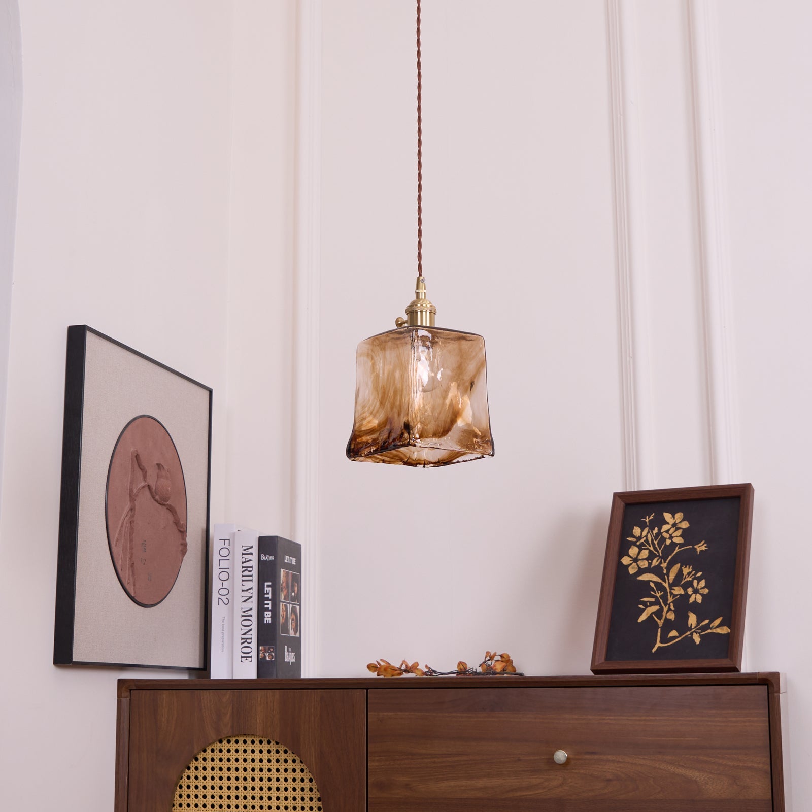 Vintage Hanglamp Messing & Amber Glas – Retro Verlichting Eetkamer Keukeneiland Bar Restaurant – E26/E27 Max 40W | Sansoti