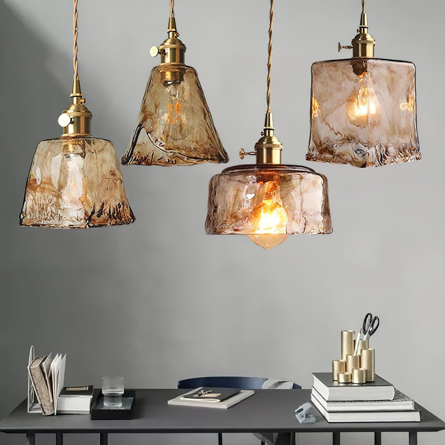 Vintage Hanglamp Messing & Amber Glas – Retro Verlichting Eetkamer Keukeneiland Bar Restaurant – E26/E27 Max 40W | Sansoti