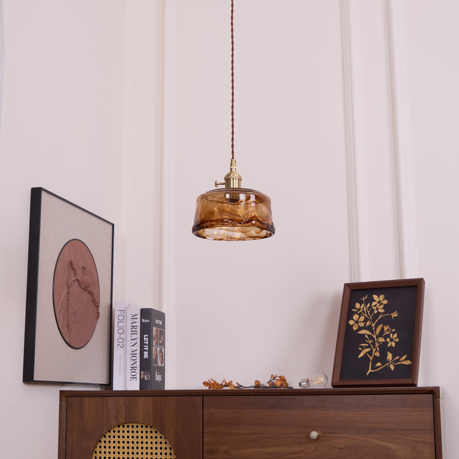 Vintage Hanglamp Messing & Amber Glas – Retro Verlichting Eetkamer Keukeneiland Bar Restaurant – E26/E27 Max 40W | Sansoti