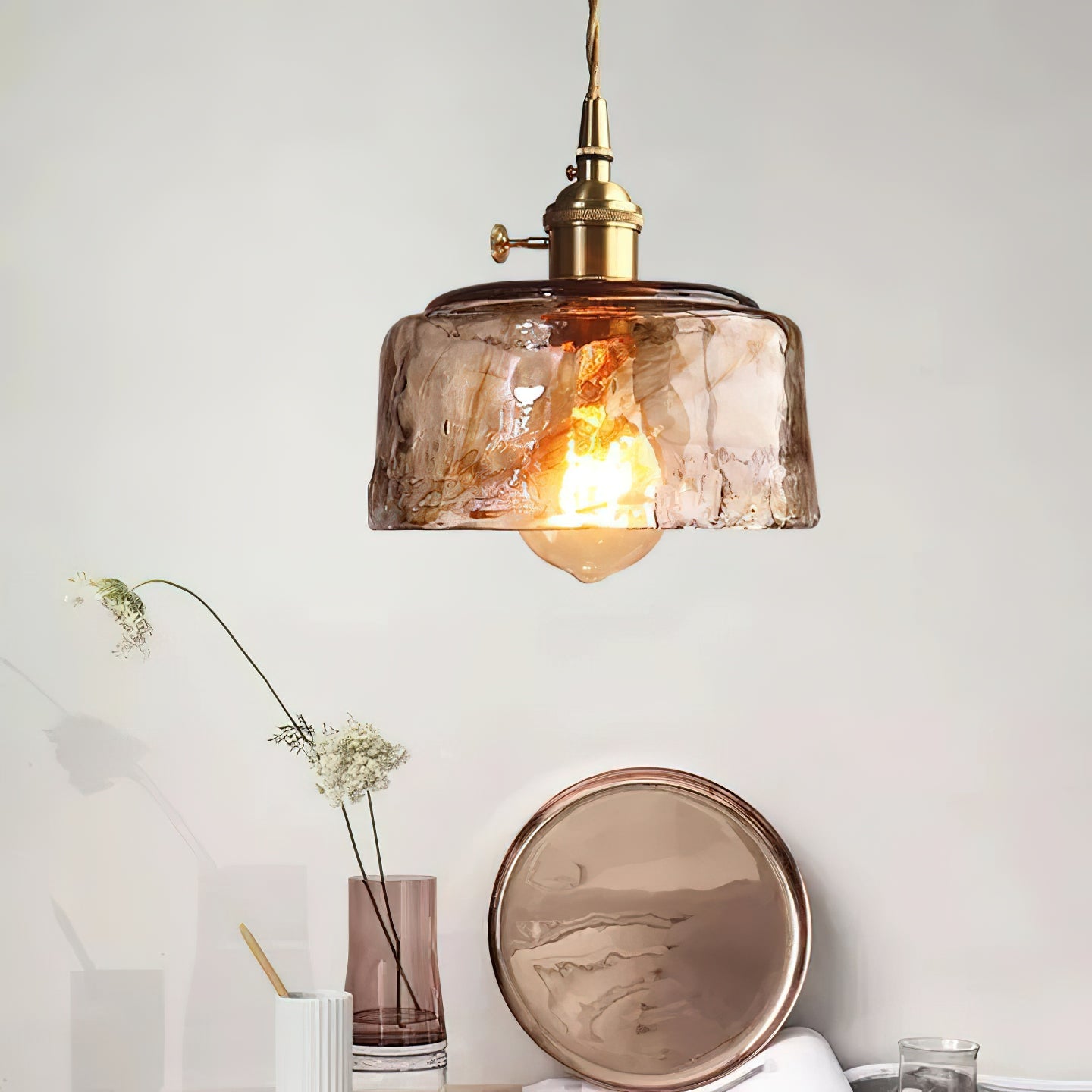 Vintage Hanglamp Messing & Amber Glas – Retro Verlichting Eetkamer Keukeneiland Bar Restaurant – E26/E27 Max 40W | Sansoti