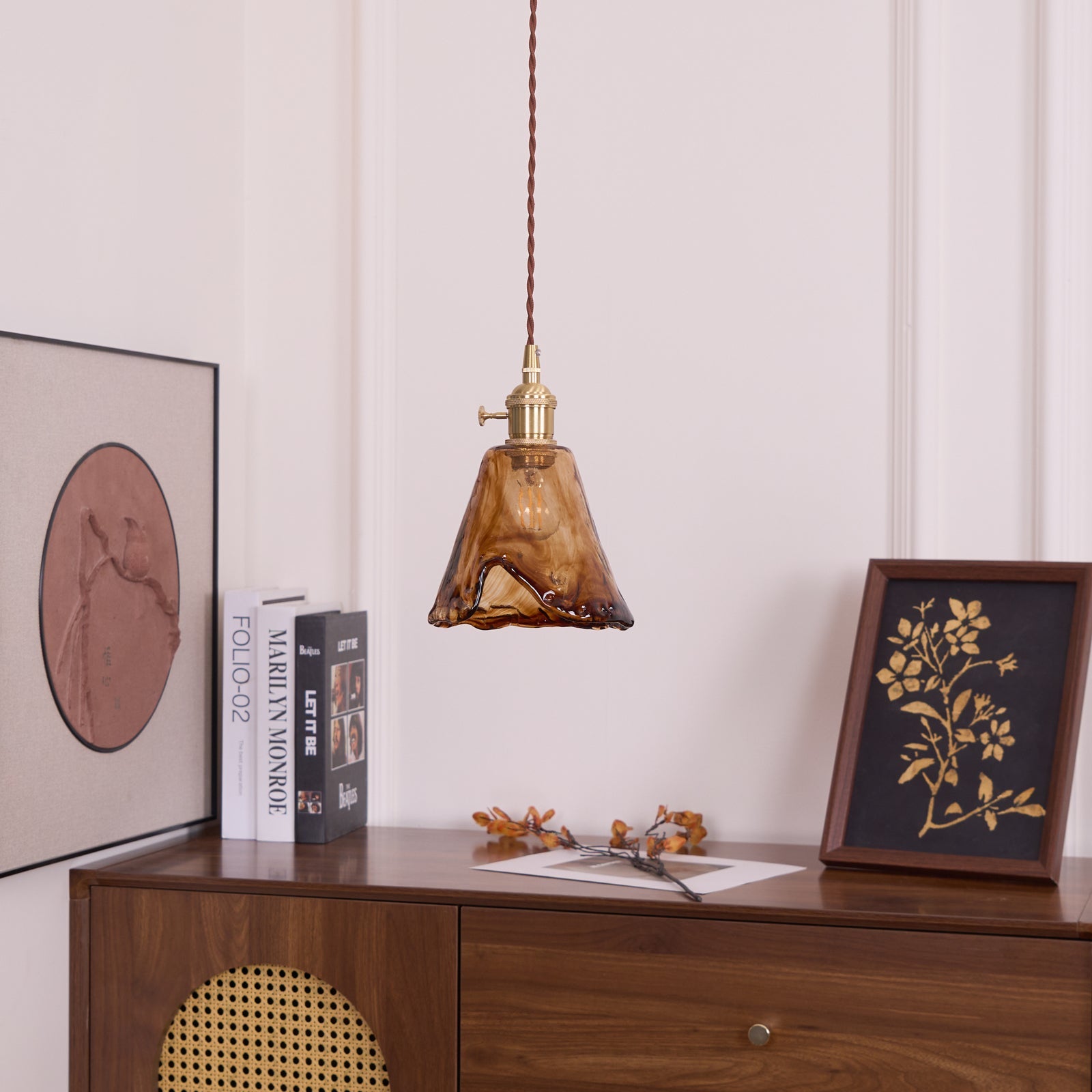 Vintage Hanglamp Messing & Amber Glas – Retro Verlichting Eetkamer Keukeneiland Bar Restaurant – E26/E27 Max 40W | Sansoti