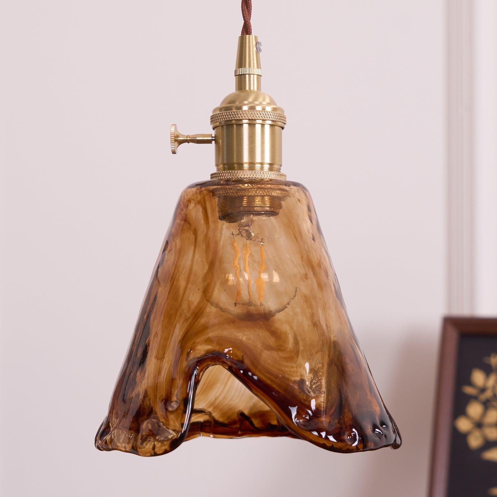Vintage Hanglamp Messing & Amber Glas – Retro Verlichting Eetkamer Keukeneiland Bar Restaurant – E26/E27 Max 40W | Sansoti