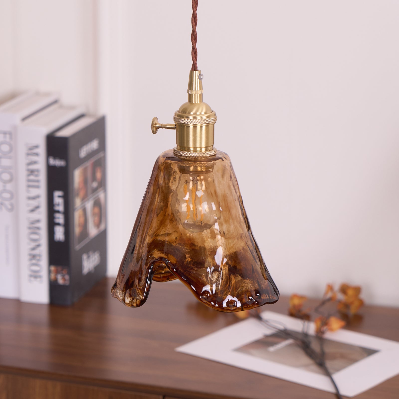 Vintage Hanglamp Messing & Amber Glas – Retro Verlichting Eetkamer Keukeneiland Bar Restaurant – E26/E27 Max 40W | Sansoti