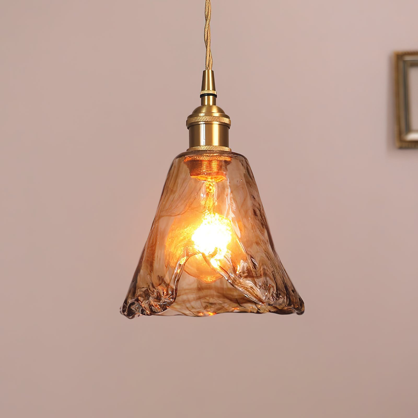 Vintage Hanglamp Messing & Amber Glas – Retro Verlichting Eetkamer Keukeneiland Bar Restaurant – E26/E27 Max 40W | Sansoti