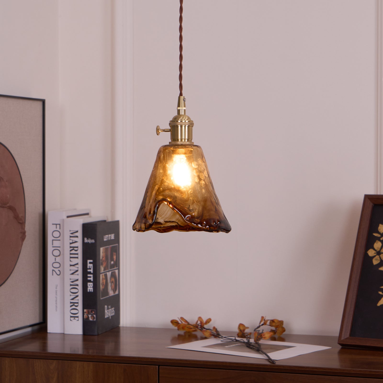 Vintage Hanglamp Messing & Amber Glas – Retro Verlichting Eetkamer Keukeneiland Bar Restaurant – E26/E27 Max 40W | Sansoti