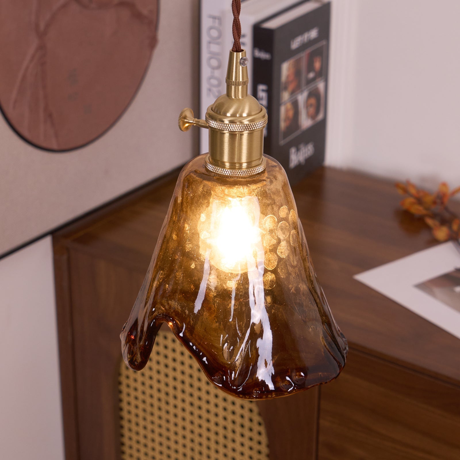 Vintage Hanglamp Messing & Amber Glas – Retro Verlichting Eetkamer Keukeneiland Bar Restaurant – E26/E27 Max 40W | Sansoti