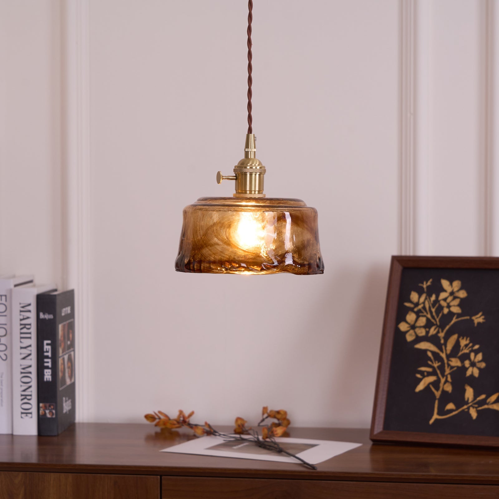 Vintage Hanglamp Messing & Amber Glas – Retro Verlichting Eetkamer Keukeneiland Bar Restaurant – E26/E27 Max 40W | Sansoti