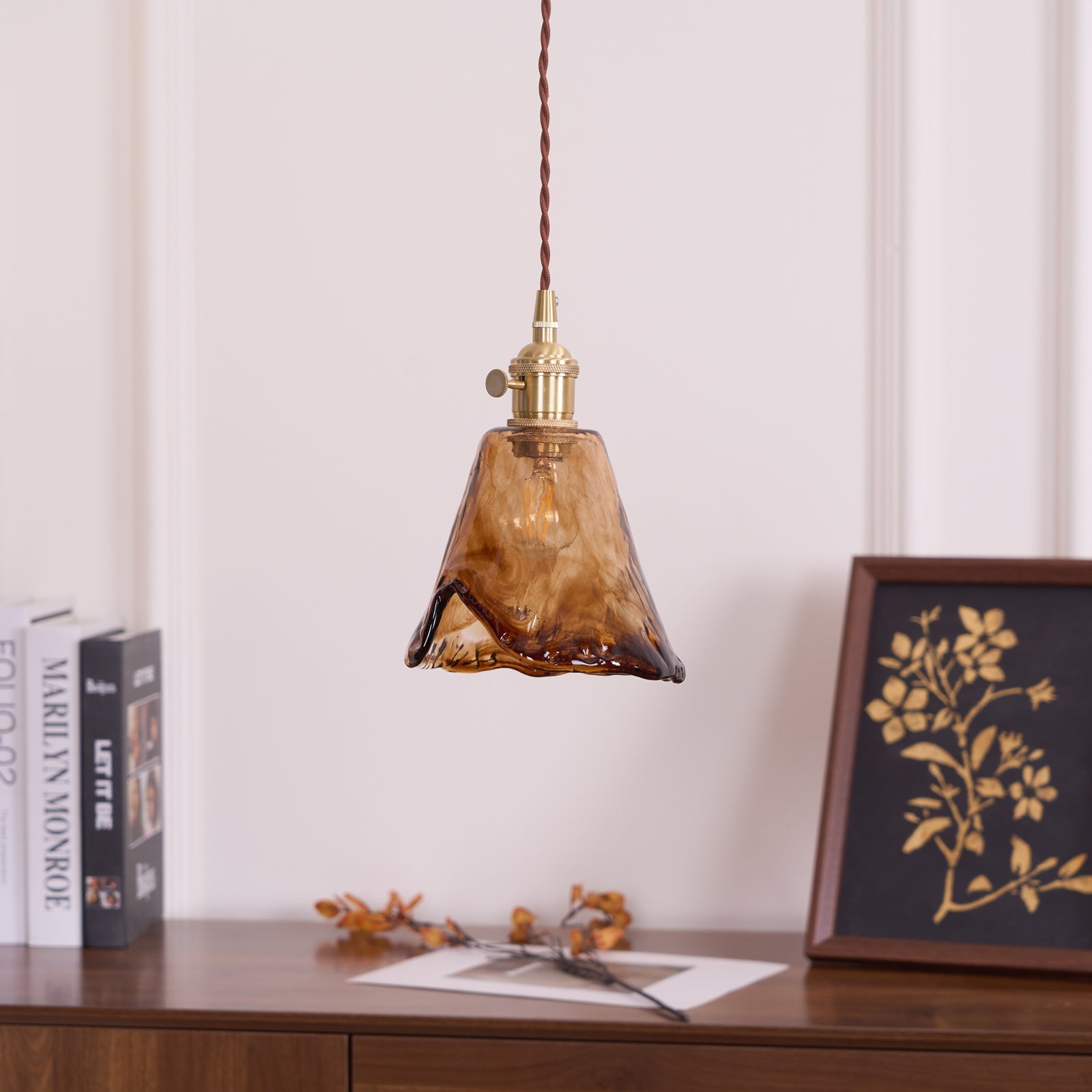 Vintage Hanglamp Messing & Amber Glas – Retro Verlichting Eetkamer Keukeneiland Bar Restaurant – E26/E27 Max 40W | Sansoti