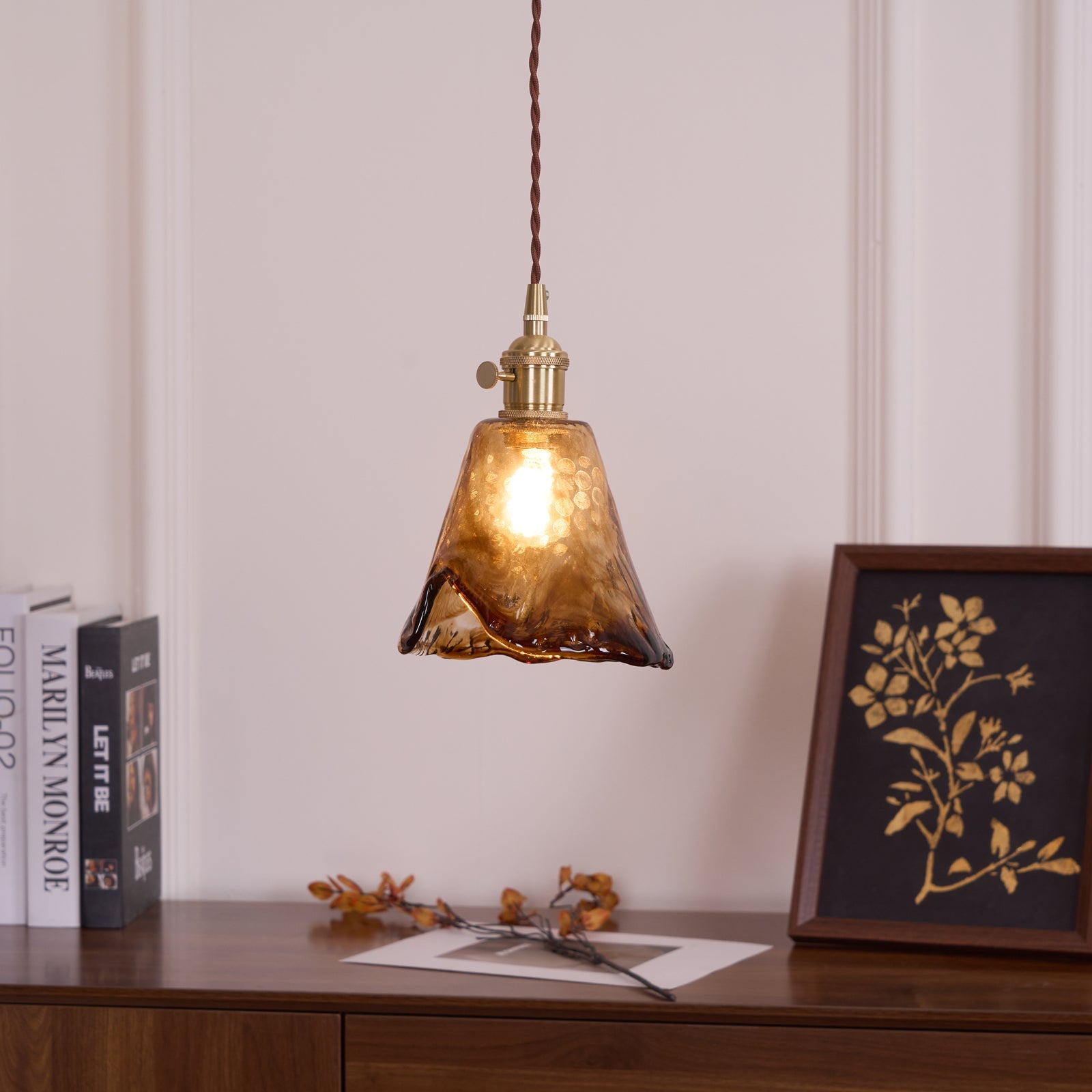 Vintage Hanglamp Messing & Amber Glas – Retro Verlichting Eetkamer Keukeneiland Bar Restaurant – E26/E27 Max 40W | Sansoti
