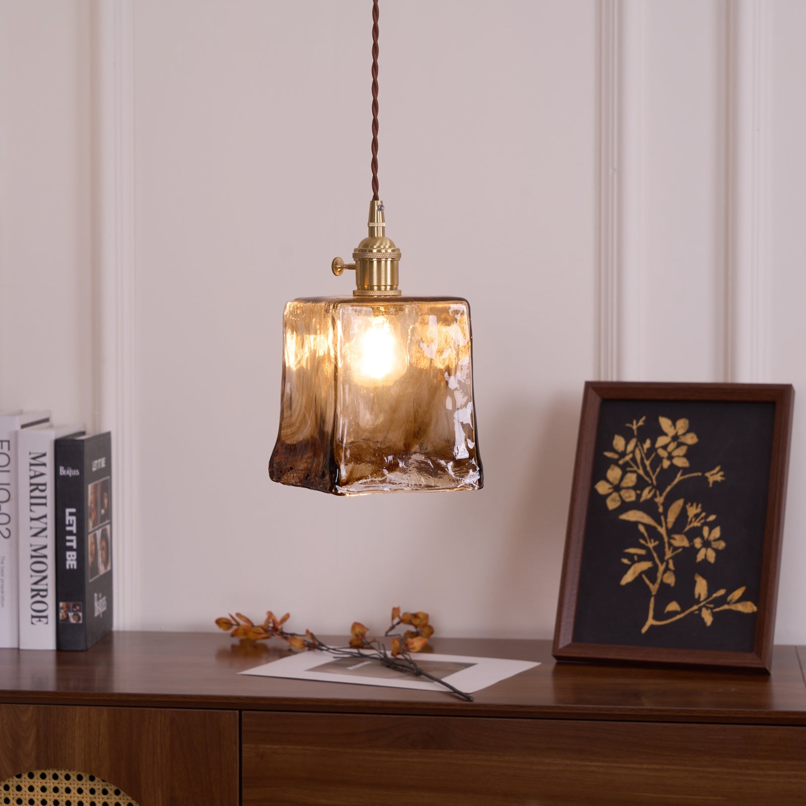 Vintage Hanglamp Messing & Amber Glas – Retro Verlichting Eetkamer Keukeneiland Bar Restaurant – E26/E27 Max 40W | Sansoti