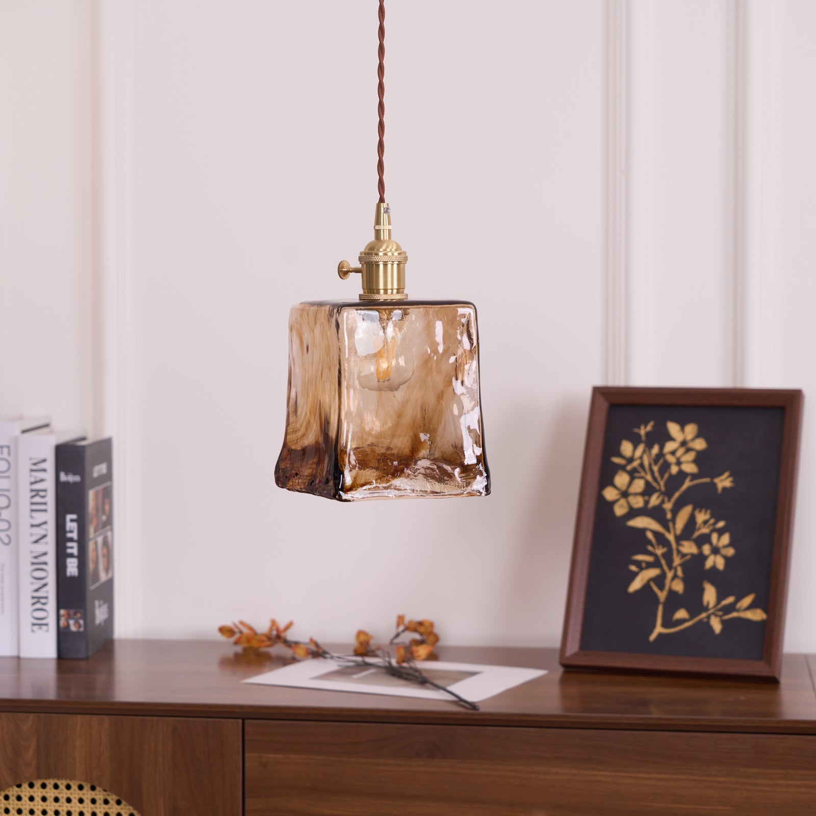 Vintage Hanglamp Messing & Amber Glas – Retro Verlichting Eetkamer Keukeneiland Bar Restaurant – E26/E27 Max 40W | Sansoti