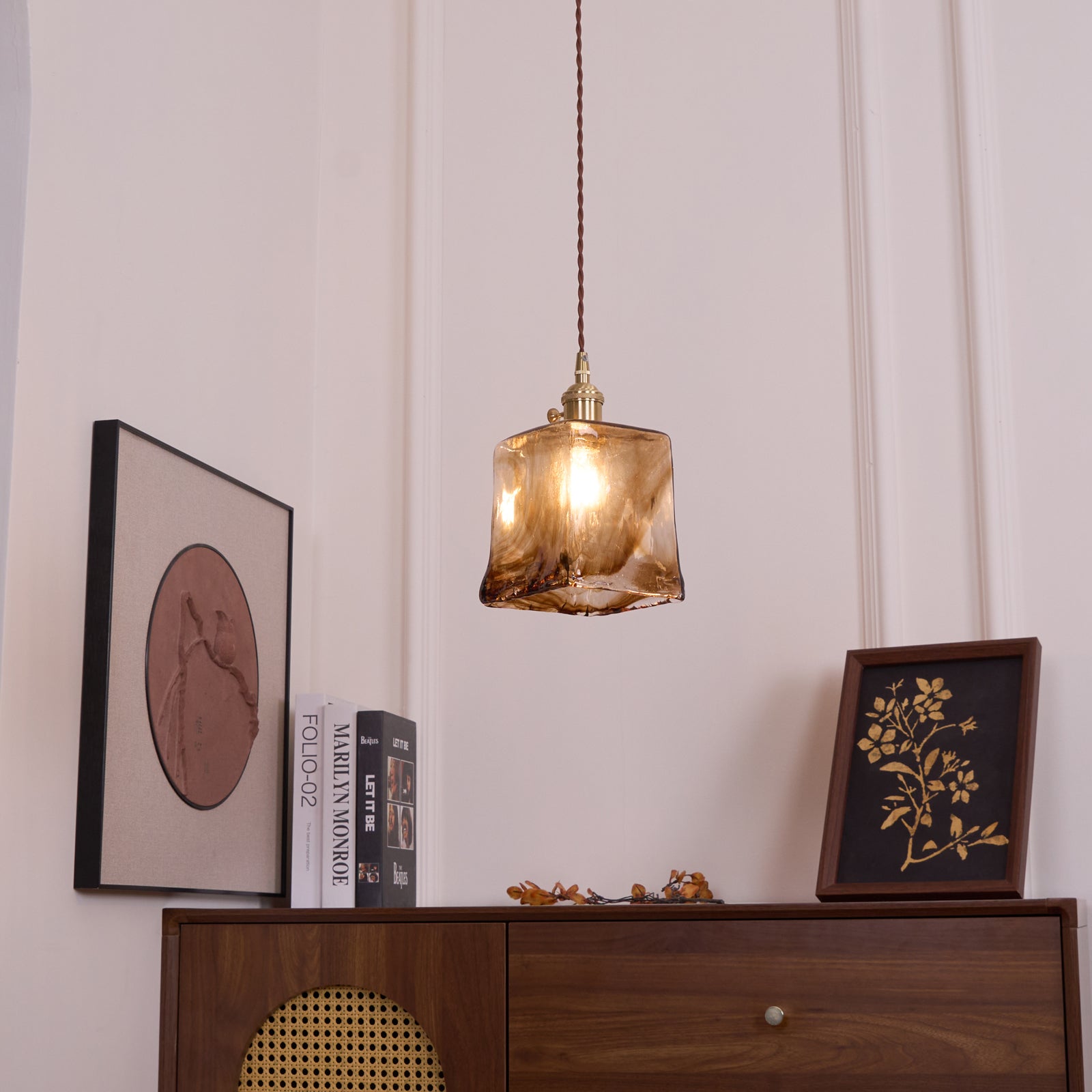 Vintage Hanglamp Messing & Amber Glas – Retro Verlichting Eetkamer Keukeneiland Bar Restaurant – E26/E27 Max 40W | Sansoti