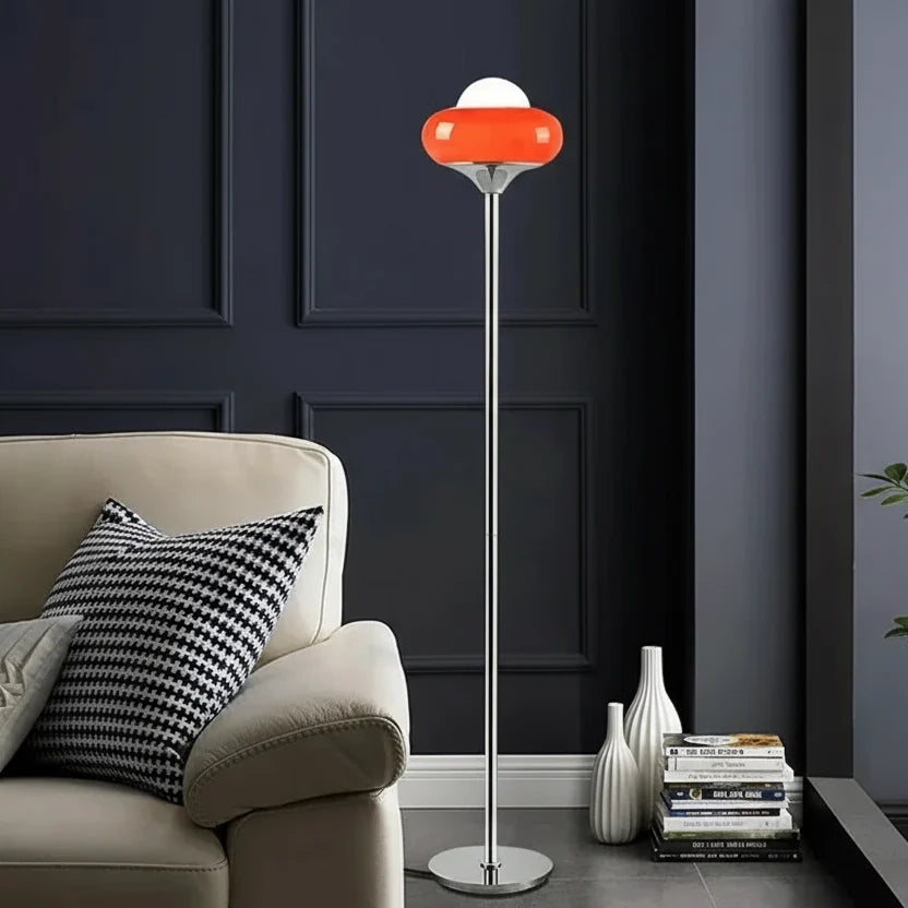 Lampadaire en verre et acier 155 cm orange à intensité variable, LED, design rétro Bauhaus, pour salon et chambre, lampe de lecture | Sansoti