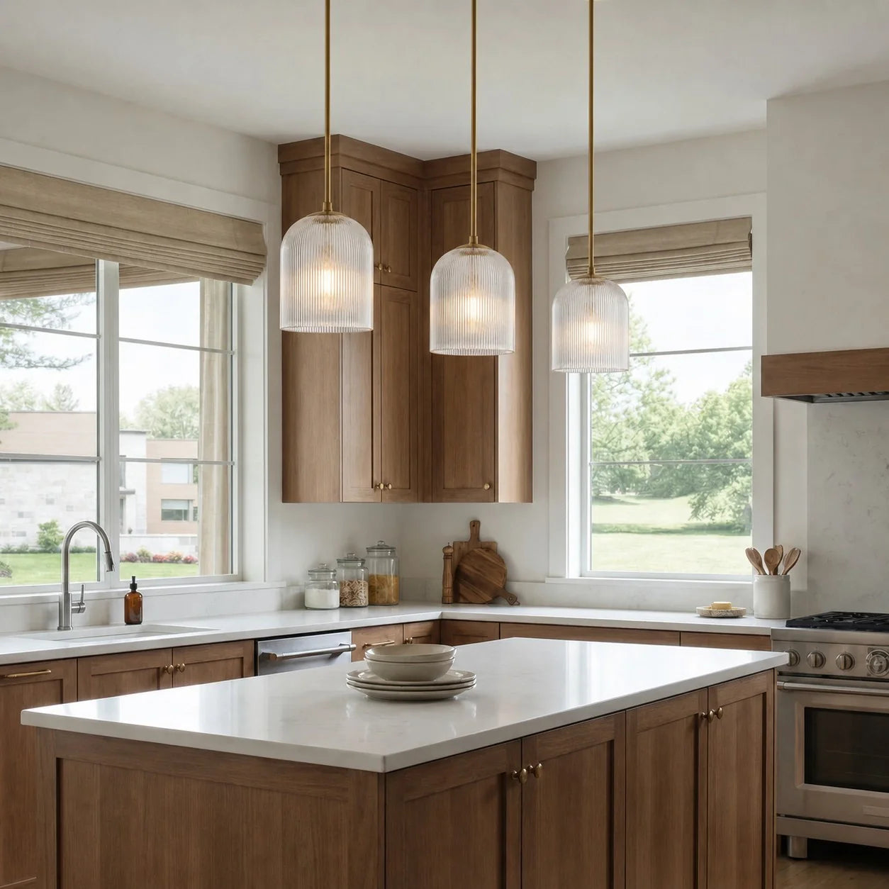Geribbelde Glazen Hanglamp met Koperen Finish – Landelijke Stijl Verlichting | Sansoti