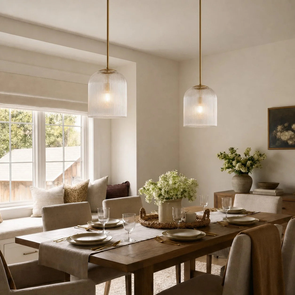 Geribbelde Glazen Hanglamp met Koperen Finish – Landelijke Stijl Verlichting | Sansoti