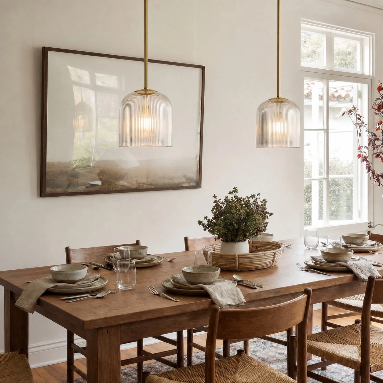 Geribbelde Glazen Hanglamp met Koperen Finish – Landelijke Stijl Verlichting | Sansoti