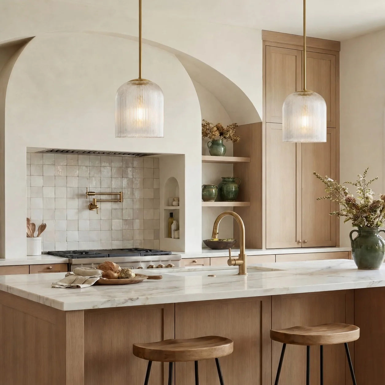 Geribbelde Glazen Hanglamp met Koperen Finish – Landelijke Stijl Verlichting | Sansoti