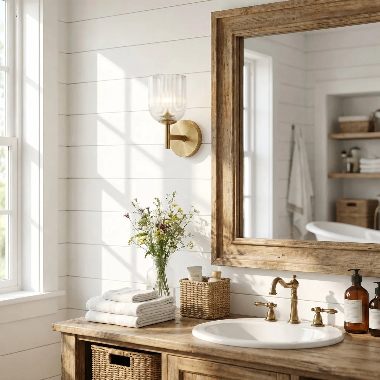 Wandlamp met geribbeld glas en koperen finish voor hal, slaapkamer en badkamer | Sansoti