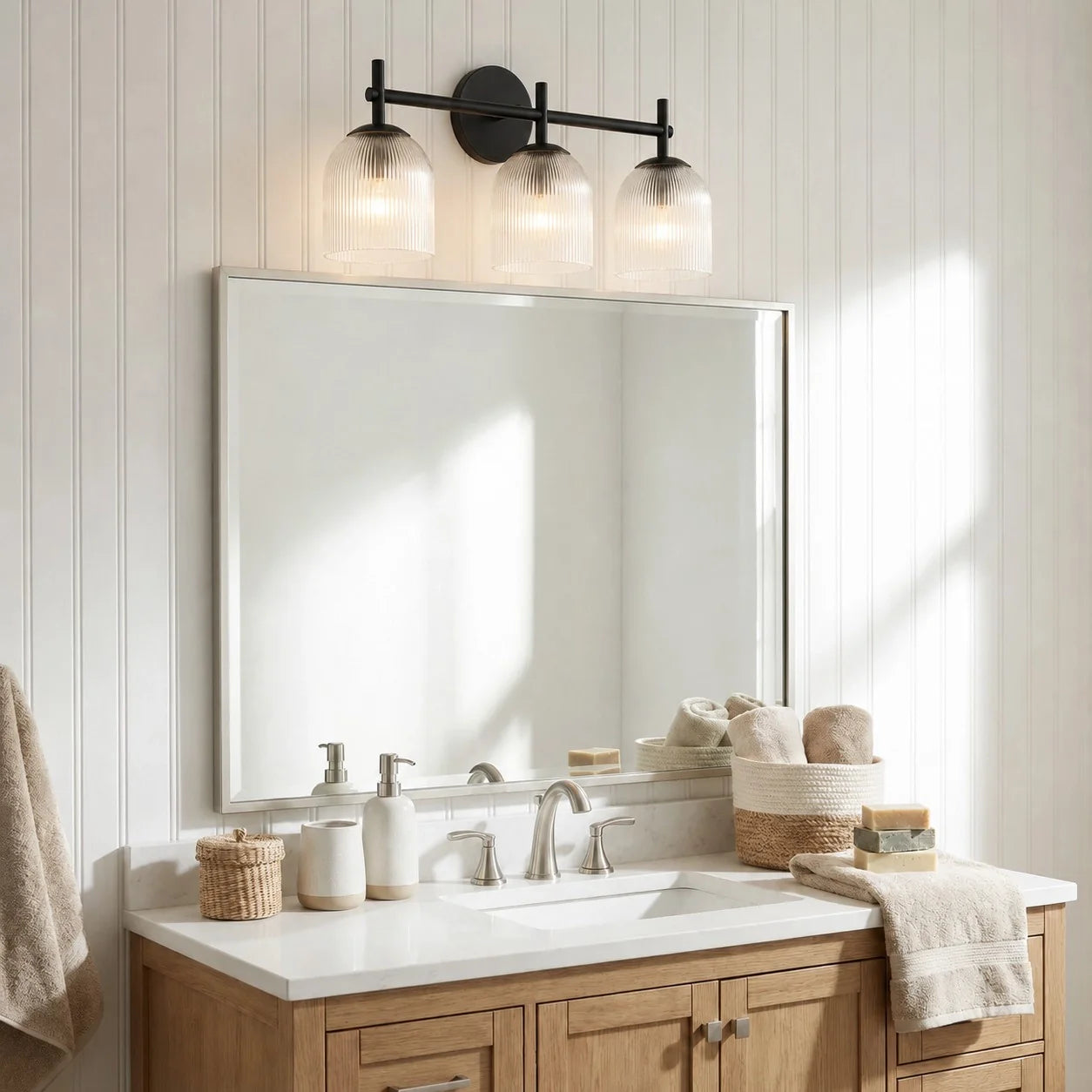Wandlamp met geribbeld glas en koperen finish voor hal, slaapkamer en badkamer | Sansoti