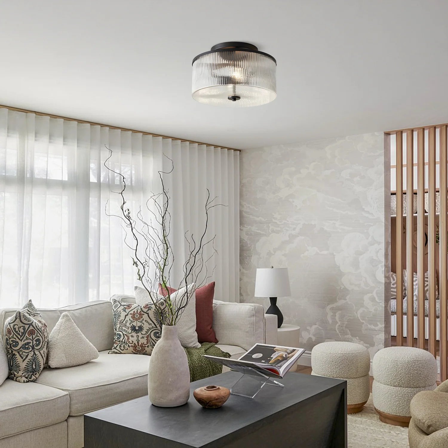 Plafondlamp met Geribbelde Glazen Kap - Landelijke Stijl - Ø 35cm Messing Plafondverlichting voor Hal en Woonkamer | Sansoti
