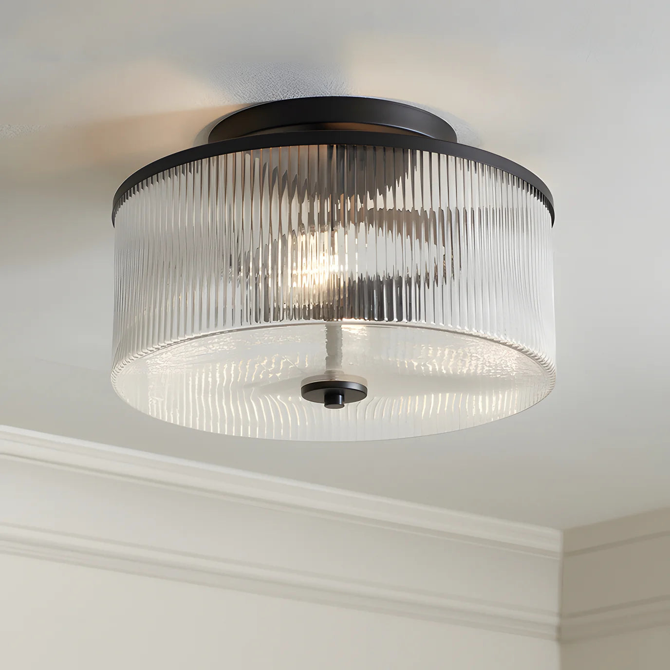 Plafondlamp met Geribbelde Glazen Kap - Landelijke Stijl - Ø 35cm Messing Plafondverlichting voor Hal en Woonkamer | Sansoti
