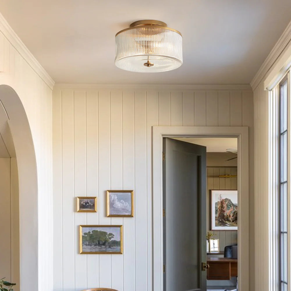 Plafondlamp met Geribbelde Glazen Kap - Landelijke Stijl - Ø 35cm Messing Plafondverlichting voor Hal en Woonkamer | Sansoti