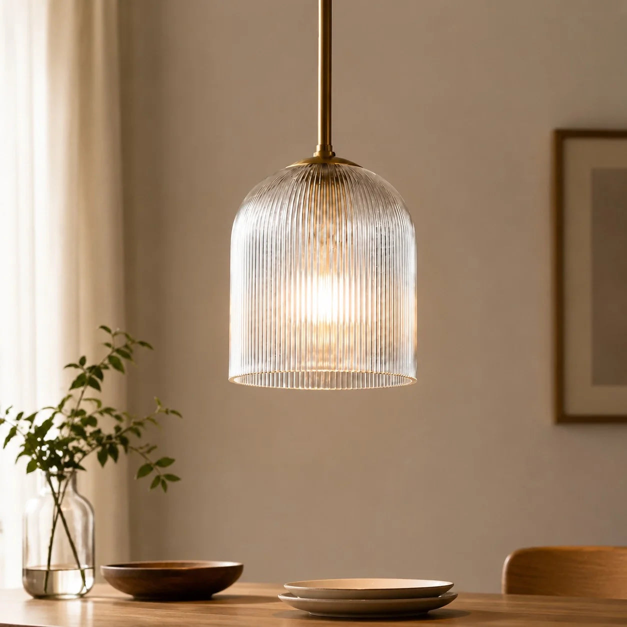 Geribbelde Glazen Hanglamp met Koperen Finish – Landelijke Stijl Verlichting | Sansoti