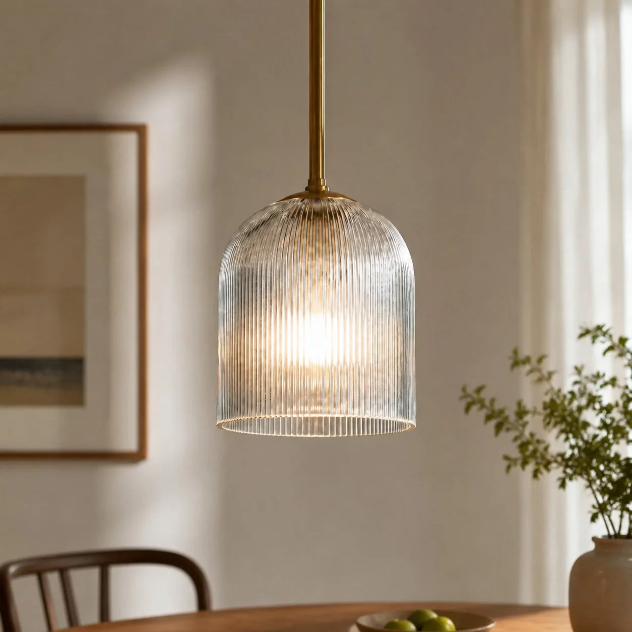 Geribbelde Glazen Hanglamp met Koperen Finish – Landelijke Stijl Verlichting | Sansoti