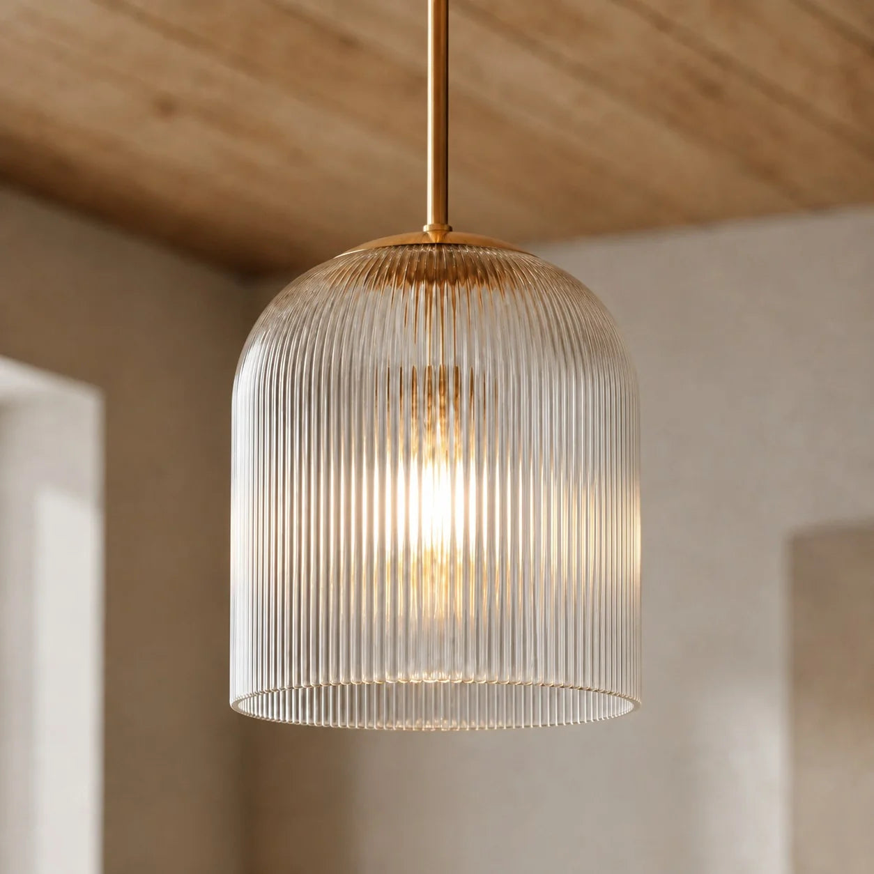 Geribbelde Glazen Hanglamp met Koperen Finish – Landelijke Stijl Verlichting | Sansoti