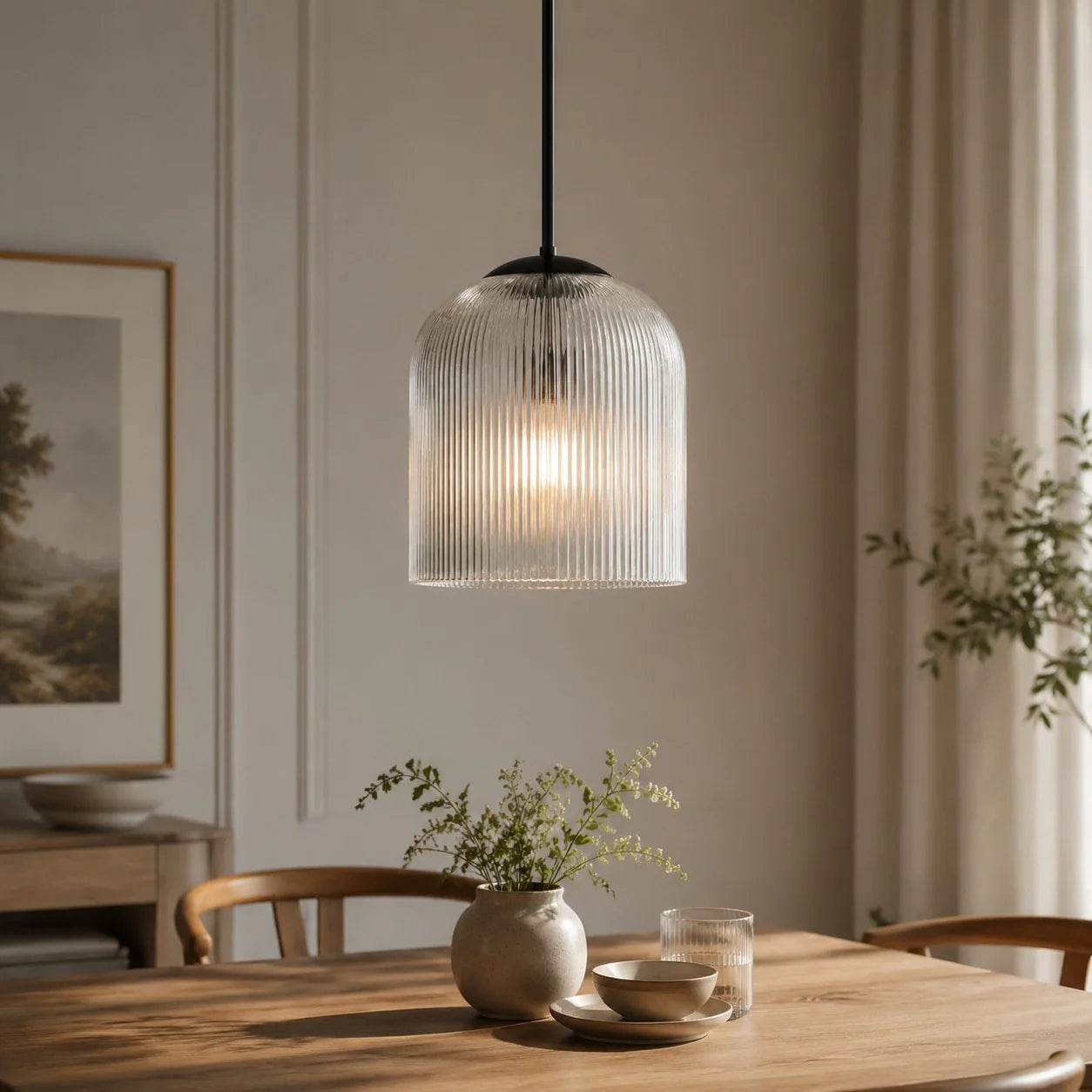 Geribbelde Glazen Hanglamp met Koperen Finish – Landelijke Stijl Verlichting | Sansoti